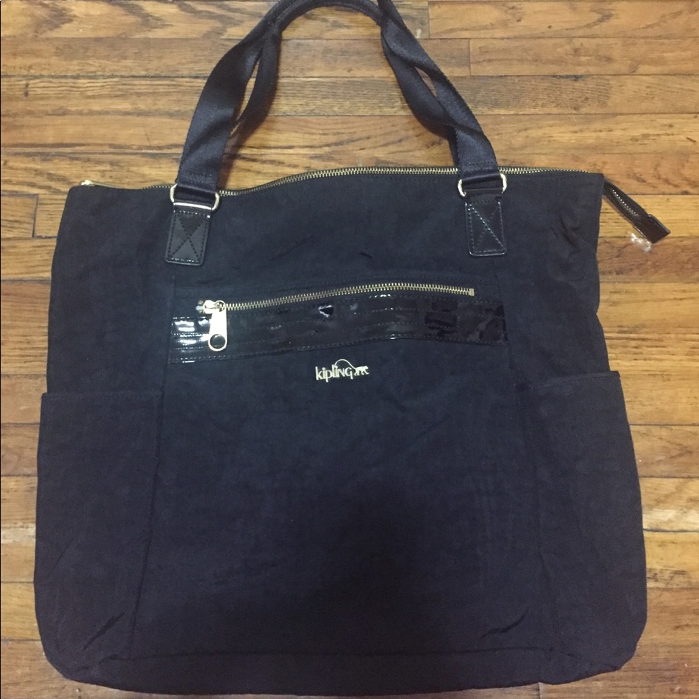 Kipling Leah Large Black Zipper Pocket Nylon Tote